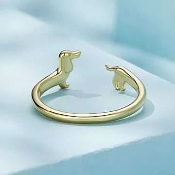 MUNDELL 925 Sterling Silver Cute Dachshund Rings Golden Puppy Dog Rings for Women Animal Rings Stacking Ring Statement Ring