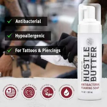 Hustle Bubbles Tattoo Aftercare Tattoo Soap Antibacterial Soap To Clean New Tattoos & Piercings Essential Tattoo Supplies 7oz