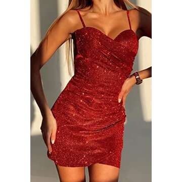 Riclena Women Sexy Spaghetti Strap Glitter Sequin Wrap Backless Ruched Mini Bodycon Dress (Red, Small)