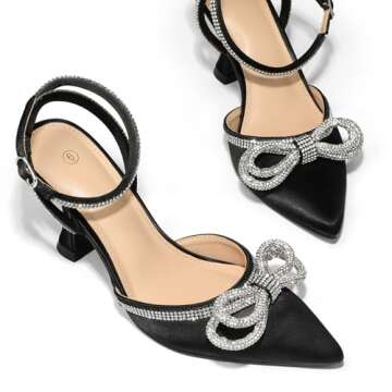 mysoft Women's Rhinestone Bow Pumps Wedding Dress Shoes Pointed Toe Ankle Strap Kitten Heels Black S...