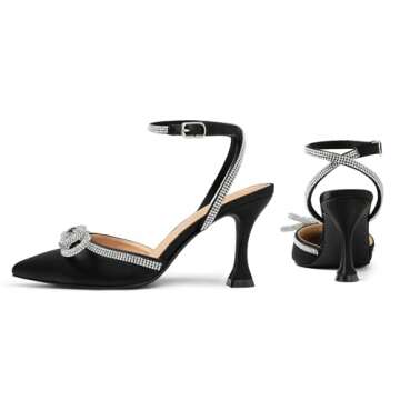 mysoft Women's Rhinestone Bow Pumps Wedding Dress Shoes Pointed Toe Ankle Strap Kitten Heels Black Satin