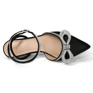 mysoft Women's Rhinestone Bow Pumps Wedding Dress Shoes Pointed Toe Ankle Strap Kitten Heels Black Satin