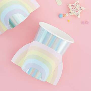 Ginger Ray Rainbow Paper Girls Birthday Party Iridescent Cups 8 Pack
