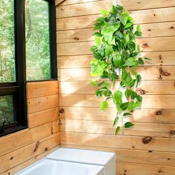 LOYWREE Fake Hanging Potted Plant, 35.4in Artificial Potted Plant Faux Ivy Vine Plant Hanging Plant Pothos for Shelf Home Office Indoor Outdoor Garden Greenery Decor (Black Pot)