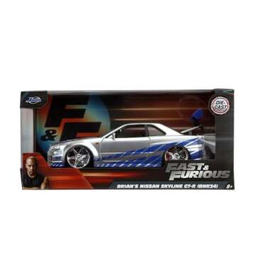 Jada Toys Fast & Furious Brian’s 2002 Nissan Skyline R34 Die-cast Car, 1:24 Scale, Silver & Blue,1...