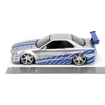 Jada Toys Fast & Furious Brian’s 2002 Nissan Skyline R34 Die-cast Car, 1:24 Scale, Silver & Blue,19808