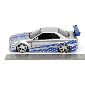 Jada Toys Fast & Furious Brian’s 2002 Nissan Skyline R34 Die-cast Car, 1:24 Scale, Silver & Blue,19808