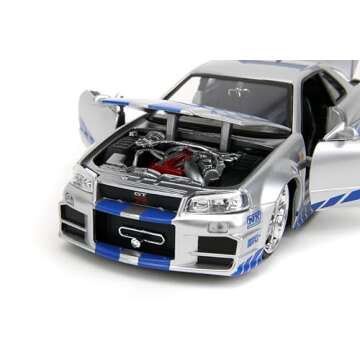 Jada Toys Fast & Furious Brian’s 2002 Nissan Skyline R34 Die-cast Car, 1:24 Scale, Silver & Blue,19808