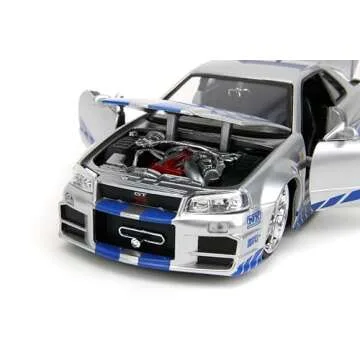Jada Toys Fast & Furious Brian’s 2002 Nissan Skyline R34 Die-cast Car, 1:24 Scale, Silver & Blue,19808
