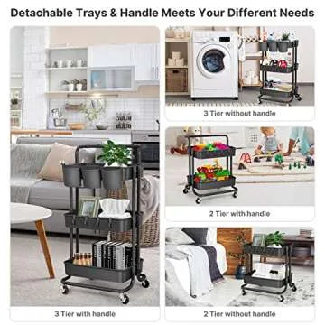LEZIOA 3 Tier Rolling Cart, Ajustable Art Craft Cart Organizer on Wheels, Metal Utility Storage Cart with Handle for Kitchen Bathroom, Mobile Multifunctional Salon Trolley Makeup Cart, Easy Assembly