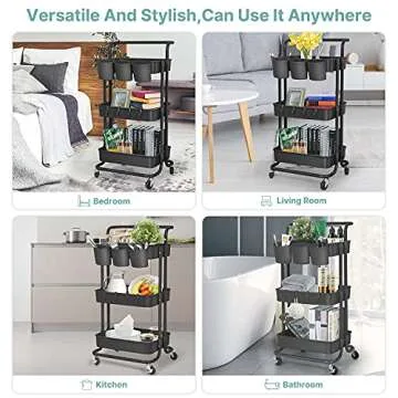LEZIOA 3 Tier Rolling Cart, Ajustable Art Craft Cart Organizer on Wheels, Metal Utility Storage Cart with Handle for Kitchen Bathroom, Mobile Multifunctional Salon Trolley Makeup Cart, Easy Assembly