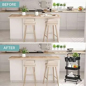 LEZIOA 3 Tier Rolling Cart, Ajustable Art Craft Cart Organizer on Wheels, Metal Utility Storage Cart with Handle for Kitchen Bathroom, Mobile Multifunctional Salon Trolley Makeup Cart, Easy Assembly