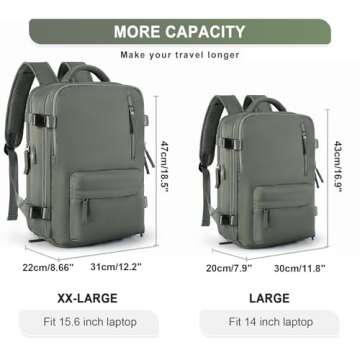 Large Travel Backpack Women, Carry On Backpack,Hiking Backpack Waterproof Outdoor Sports Rucksack Casual Daypack with USB Charging Port Shoes Compartment, Dark Green