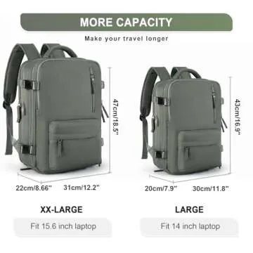 Large Travel Backpack Women, Carry On Backpack,Hiking Backpack Waterproof Outdoor Sports Rucksack Casual Daypack with USB Charging Port Shoes Compartment, Dark Green
