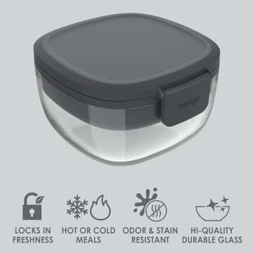 Bentgo Glass All-in-One Salad Container - Large 61-oz Salad Bowl with Lid, 4-Compartment Bento-Style Tray, 3-oz Sauce Container, and Reusable Fork - Dishwasher, Microwave, and Oven Safe (Dark Gray)