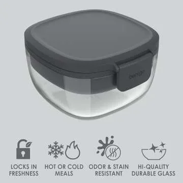 Bentgo Glass All-in-One Salad Container - Large 61-oz Salad Bowl with Lid, 4-Compartment Bento-Style Tray, 3-oz Sauce Container, and Reusable Fork - Dishwasher, Microwave, and Oven Safe (Dark Gray)