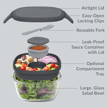 Bentgo Glass All-in-One Salad Container - Large 61-oz Salad Bowl with Lid, 4-Compartment Bento-Style Tray, 3-oz Sauce Container, and Reusable Fork - Dishwasher, Microwave, and Oven Safe (Dark Gray)