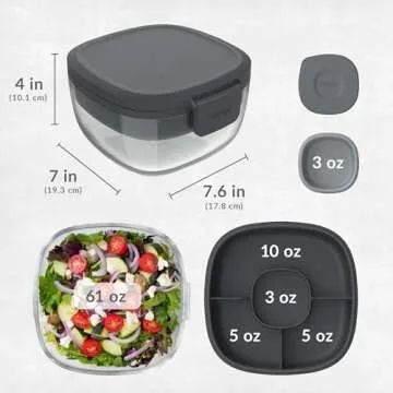 Bentgo Glass All-in-One Salad Container - Large 61-oz Salad Bowl with Lid, 4-Compartment Bento-Style Tray, 3-oz Sauce Container, and Reusable Fork - Dishwasher, Microwave, and Oven Safe (Dark Gray)