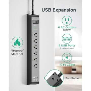 Mifaso 12FT Long Power Strip Surge Protector - 6 Outlets & 4 USB Ports