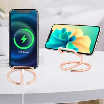 ROSYQUARZ Business Card Holder for Desk, Small Metal Cell Phone Stand, Cute Rose Gold Business Name Cards Display Holder Used on Office Desktop for Women and Men(Rose Gold-1PC)