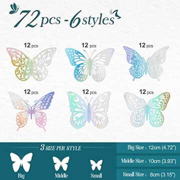 72 Pcs Butterfly Wall Decor Stickers, 3 Sizes 6 Styles Butterfly Decorations, 3D Butterfly Party Dec...