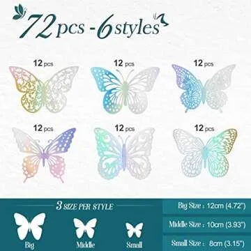 72 Pcs Butterfly Wall Decor Stickers, 3 Sizes 6 Styles Butterfly Decorations, 3D Butterfly Party Dec...