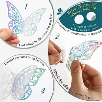 72 Pcs Butterfly Wall Decor Stickers, 3 Sizes 6 Styles Butterfly Decorations, 3D Butterfly Party Decorations/Birthday Decorations/Cake Decorations, Laser Butterflies for Wall Decor Room Decor