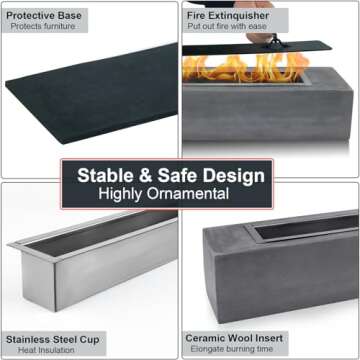 Large Table Top Fire Pit - Rectangular Alcohol Firepit Decorations Concrete Tabletop Fireplace Indoor Outdoor Decor Portable Smores Maker for Patio Balcony