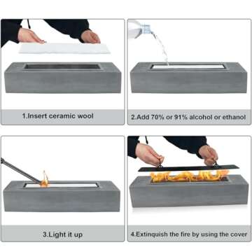 Large Table Top Fire Pit - Rectangular Alcohol Firepit Decorations Concrete Tabletop Fireplace Indoor Outdoor Decor Portable Smores Maker for Patio Balcony