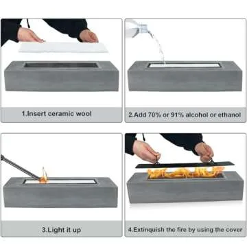 Large Table Top Fire Pit - Rectangular Alcohol Firepit Decorations Concrete Tabletop Fireplace Indoor Outdoor Decor Portable Smores Maker for Patio Balcony