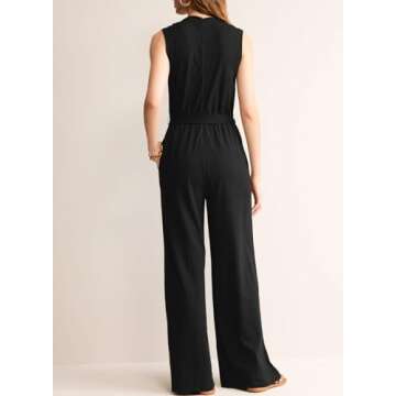 BLENCOT Jumpsuits for Women Dressy Summer Belted Romper Casual Sleeveless V Neck High Waist Wide Leg One Piece Outfits with Pockets Black S