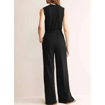 BLENCOT Jumpsuits for Women Dressy Summer Belted Romper Casual Sleeveless V Neck High Waist Wide Leg One Piece Outfits with Pockets Black S