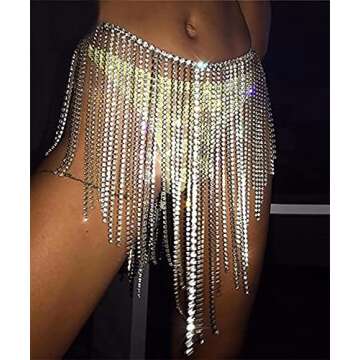 Fstrend Rhinestone Body Chains Crystal Dance Skirts Tassel Sexy Bikini Beach Chain Hip Waist Belts Fashion African Swimsuits Nightclub Jewelry Accessories for Women and Girls (Silver)