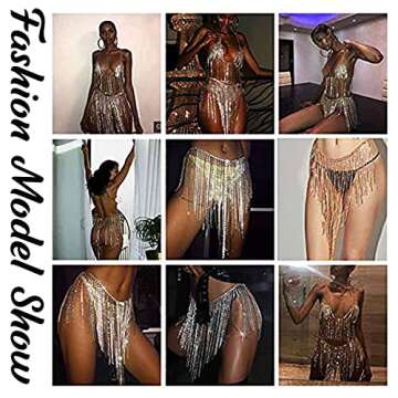Fstrend Rhinestone Body Chains Crystal Dance Skirts Tassel Sexy Bikini Beach Chain Hip Waist Belts Fashion African Swimsuits Nightclub Jewelry Accessories for Women and Girls (Silver)