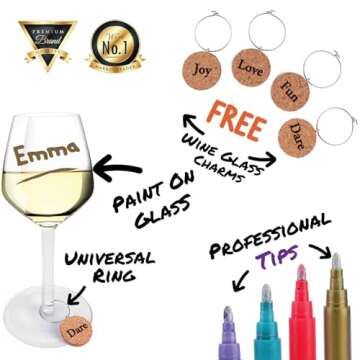 Vaci Markers Wine Glass Markers - 7 Pack | 7 Metallic Color Pens with 4 Wine Glass Charms | Washable...