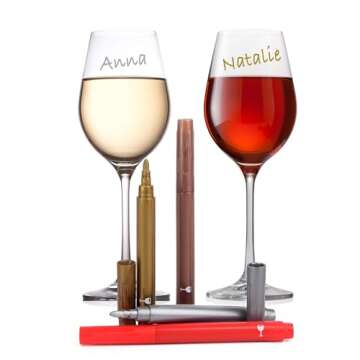 Vaci Markers Wine Glass Markers - 7 Pack | 7 Metallic Color Pens with 4 Wine Glass Charms | Washable & Erasable | Great for Parties, Baby Showers, Weddings or Any Occasions | For Adults