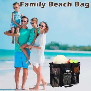 Fammart Extra Large Mesh Beach Bag - Family Pool Tote with Zipper Closure and 10 Pockets