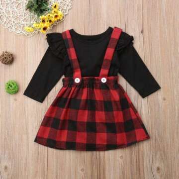 Mubineo Toddler Baby Girl Infant Plain T Shirts Plaid Overall Skirt Set Cotton Outfits (Black+Red, 1...