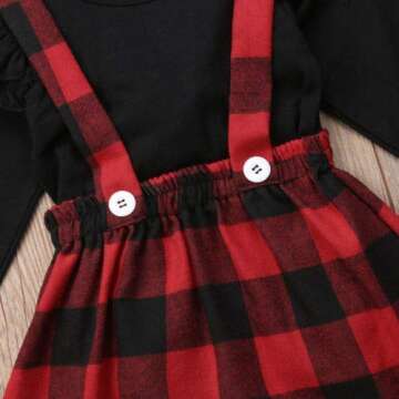 Mubineo Toddler Baby Girl Infant Plain T Shirts Plaid Overall Skirt Set Cotton Outfits (Black+Red, 12-24 Months)