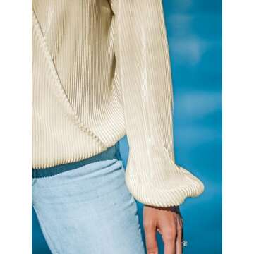 CUPSHE Women Long Lantern Sleeve Shirts Tops Dressy Casual Loose Fit V Neck Blouses White S