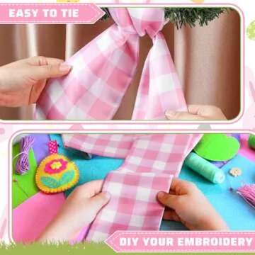 CraftyDream Wreath Sash for Front Door Wreath Satin Sash Blank Sashes Embroidery Monogram Yard Doorway Indoor Outdoor Wall Ribbon Bow Home Decor(Pink, White,Spring Buffalo Plaid)