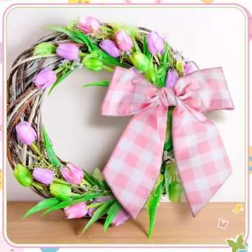 CraftyDream Wreath Sash for Front Door Wreath Satin Sash Blank Sashes Embroidery Monogram Yard Doorway Indoor Outdoor Wall Ribbon Bow Home Decor(Pink, White,Spring Buffalo Plaid)