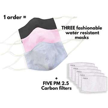 Three Pack of Reusable Face Masks - Water-Resistant Mask Made with Breathable Cotton, Adjustable Mas...