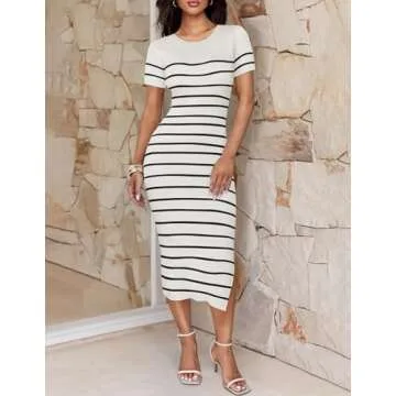 ZESICA Women's 2025 Summer Bodycon Midi Dress Striped Short Sleeve Ribbed Knit Slim Fit Side Slit Va...