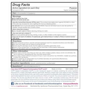 VCF Vaginal Contraceptive Film with Spermicide, 2 Boxes of 9 Prevent Pregnancy, Nonoxyl-9 Kills Sperm on Contact, Hormone-Free, Easy to Use, Unnoticeable, 18 Total…