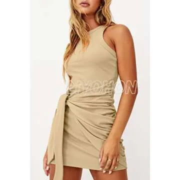 LIYOHON Women's Summer Casual Beach Dress Sleeveless Ruched Tie Tank Bodycon Wrap Mini Dresses Khaki-L