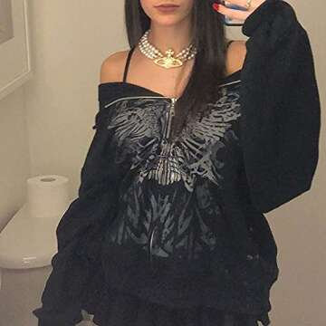 SOLILOQUY Women Zip Up Hoodie Y2k Vintage Graphic Oversized Hooded Sweatshirt Jacket Grunge Fairycor...