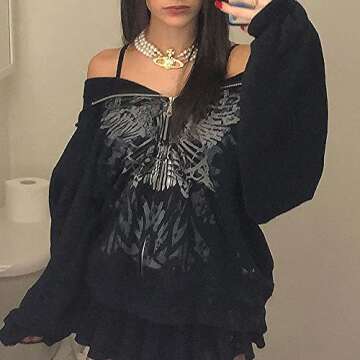 SOLILOQUY Women Zip Up Hoodie Y2k Vintage Graphic Oversized Hooded Sweatshirt Jacket Grunge Fairycore Coats Harajuku Streetwear (H-Black, Small)