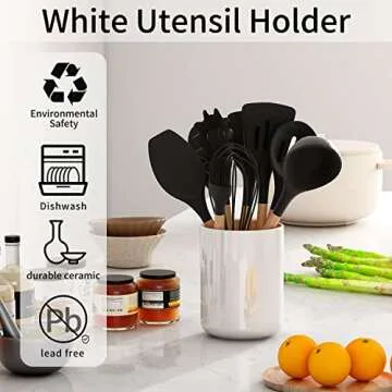 LATCHHOOK White utensil holder for Countertop, Glossy White Ceramic Utensil Holder for Kitchen Counter Easy to Clean, Modern Small Cooking Utensil Holder Spatula Crock for Décor, 4.5×6.4 IN