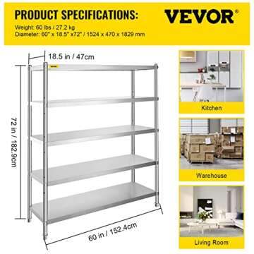 VBENLEM Stainless Steel Shelving 60x18.5 Inch 5 Tier Adjustable Shelf Storage Unit Stainless Steel Heavy Duty Shelving for Kitchen Commercial Office Garage Storage 330lb Per Shelf